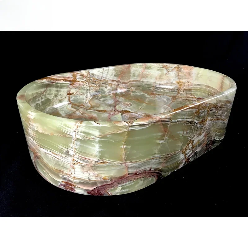 Natural Green Onyx Marble Stone Wash Basin Polished Oval Drum For Bathroom