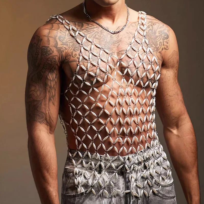 Handmade Men's Chainmail Harness Top Body Jewelry Sleeveless Beaded Vest for Rave Club Party Shirt Man Pearl Fishnet Tank Top