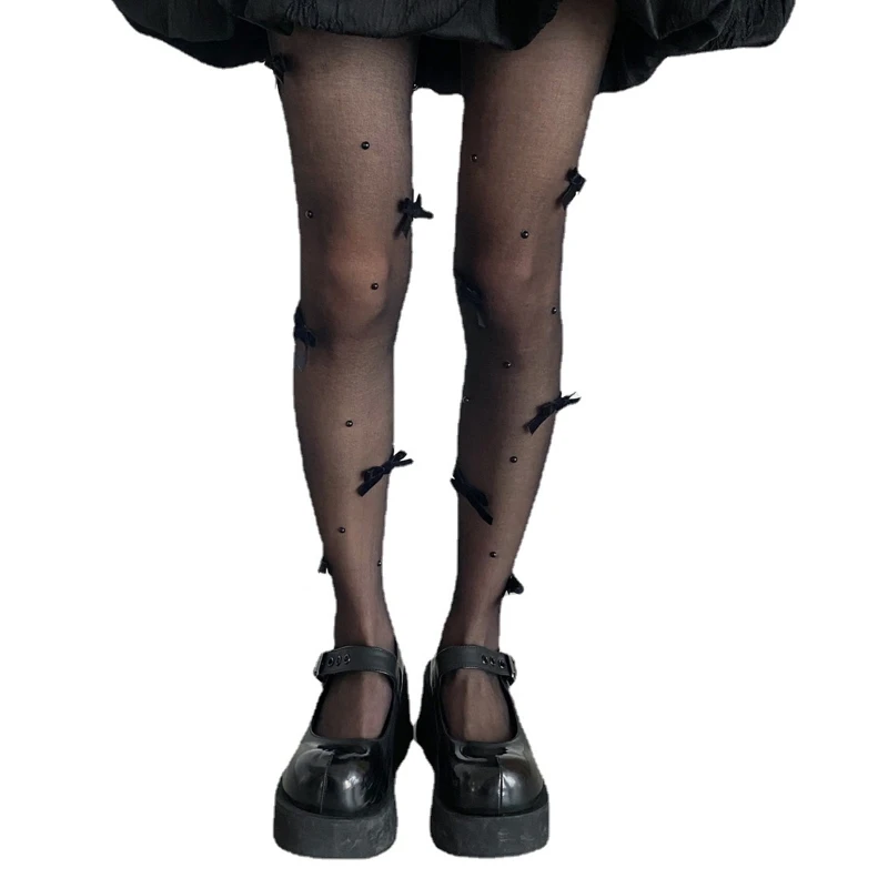 

Women Gothic Black Silky Transparent Pantyhose Harajuku Japanese Sweet Bowknot Pearl Bead Sheer Tights Cosplay Stockings
