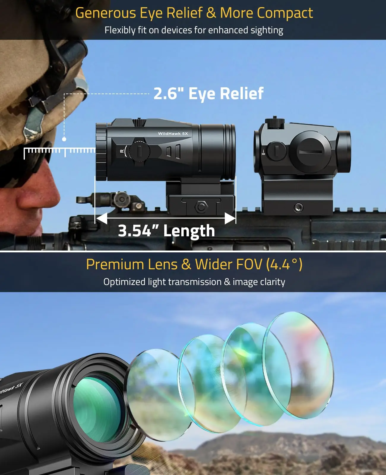 

WildHawk 5X Red Dot Magnifier Flip-to-Side Mount 21mm P Red Green Optic Reflex Sight Lower 1/3 Co-Witness 1500G Shockproof IPX7