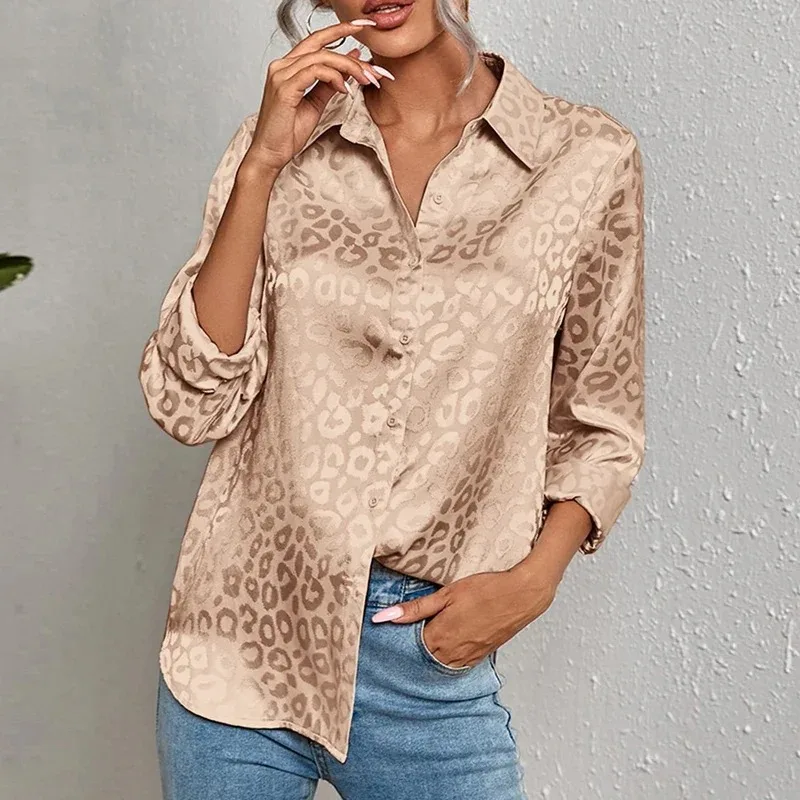 Fashion Leopard Print Jacquard Blouse Elegant Office Lady Long Sleeve Turn Down Collar Button Shirt Spring New Tops Blusas 19169