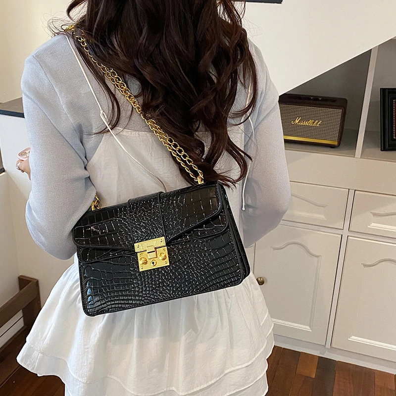 Brand Chain Shoulder Bag Designer Luxury Bag High Quality PU Leather Ladies Purple Handbag Small Crocodile Pattern Crossbody Bag