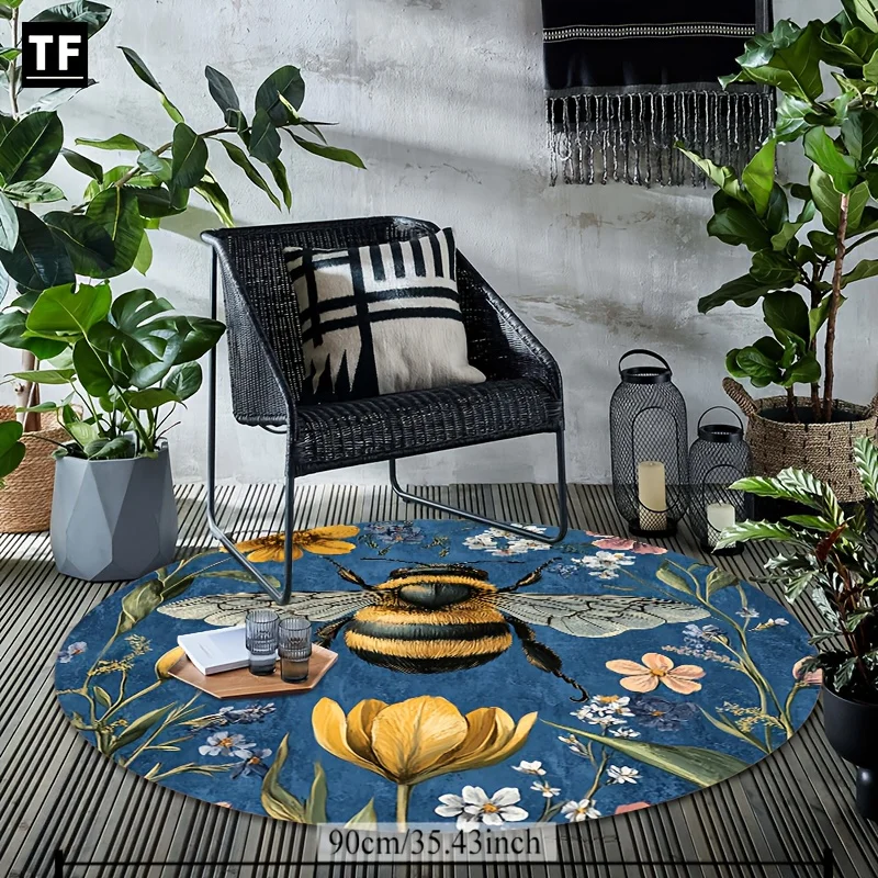 Crystal Velvet Bee & Flower Round Rug – Spring-Inspired Soft Carpet for Bedroom, Living Room, Modern Home Decor Floor Mat