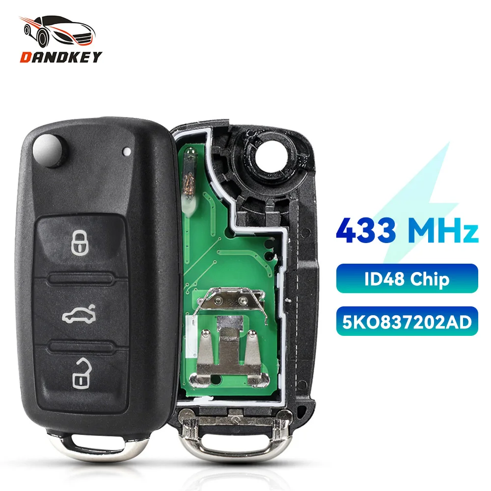 Dandkey pilot samochodowy kluczyk 5 k0837202ad do Volkswagen Polo Passat Beetle Eos Golf Jetta Tiguan 2009 2010 2011 2014 434MHz ID48 Chip