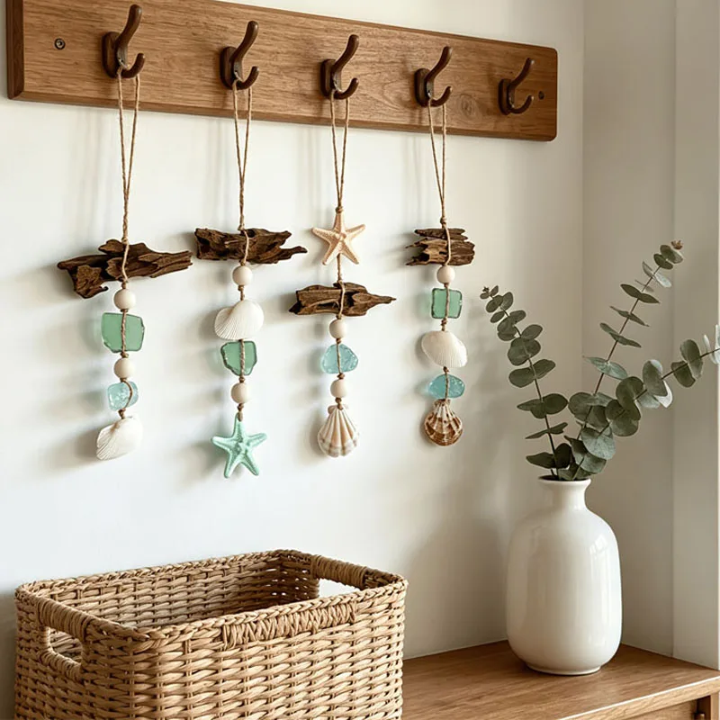 Handmade Driftwood Conch & Sea Glass Hanging Ornament, Coastal Beach Wall Decor for Home Bohemian Nautical-Style Decoration