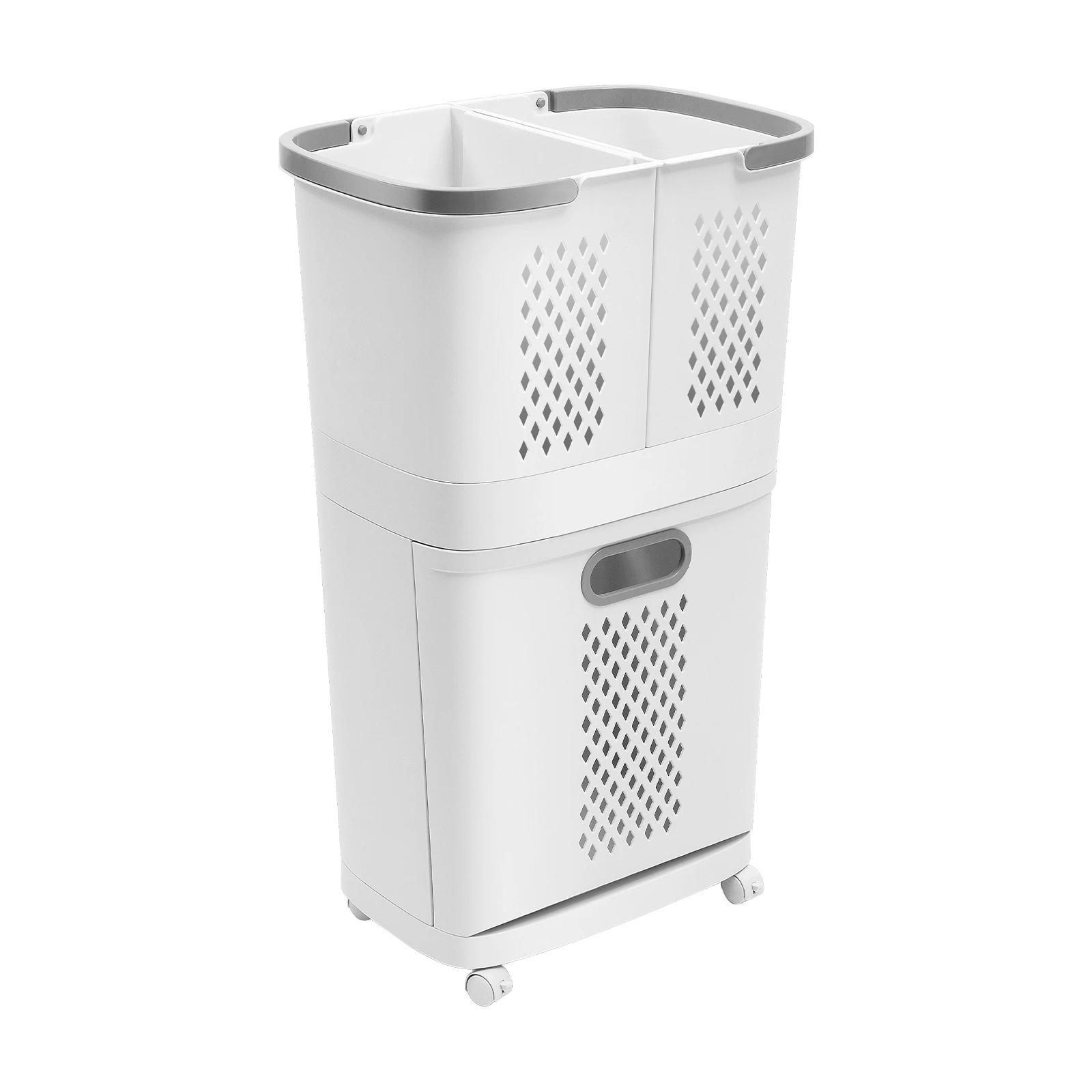 2-Tier Laundry Sorter Cart, Grey White Injection Molded PP Frame Garment Storage Trolley, Detachable Wall-mount Baskets Lockable Swivel Casters Breathable Hollow Panel Freestanding Sorting Unit For Bathroom Laundry Room Bedroom