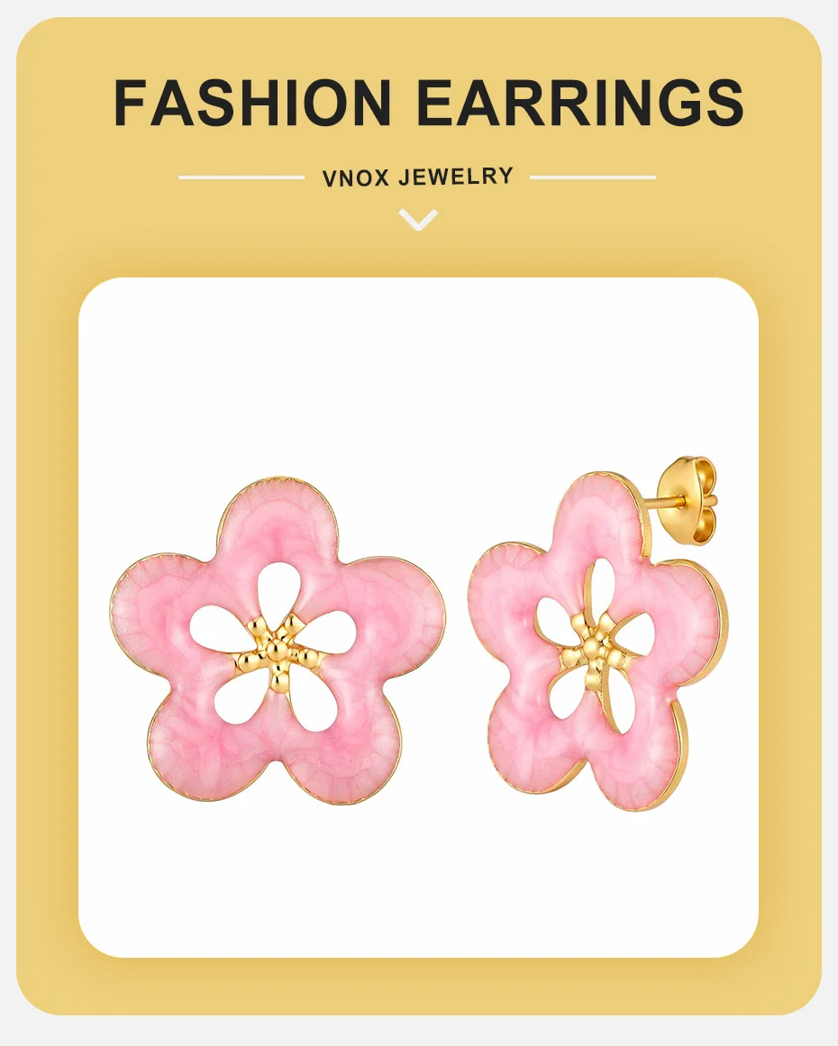 Vnox vergoldete Rosenblüten-Ohrringe für Damen, Edelstahl, niedliche rosa Emaille-Ohrstecker, französischer Stil, ästhetischer Schmuck – Detail 7