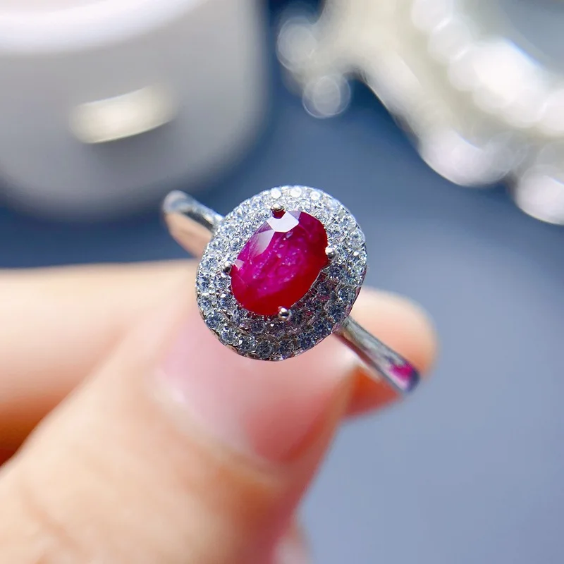 

925 Silver Inlaid Natural Old Burnt Ruby Ring 6X4Mm