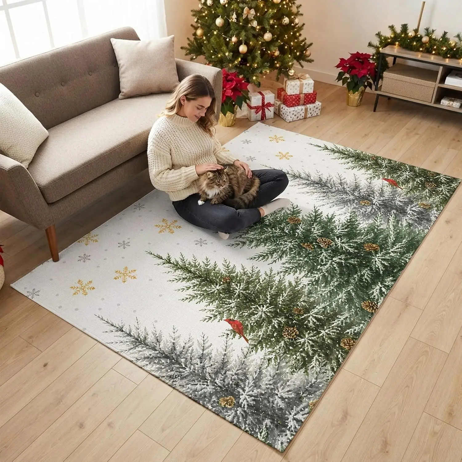 Christmas Trees Area Rug Winter Snowflakes Cardinal Pinecone Washable Non Slip Indoor Floor Carpet for Entryway Living Room