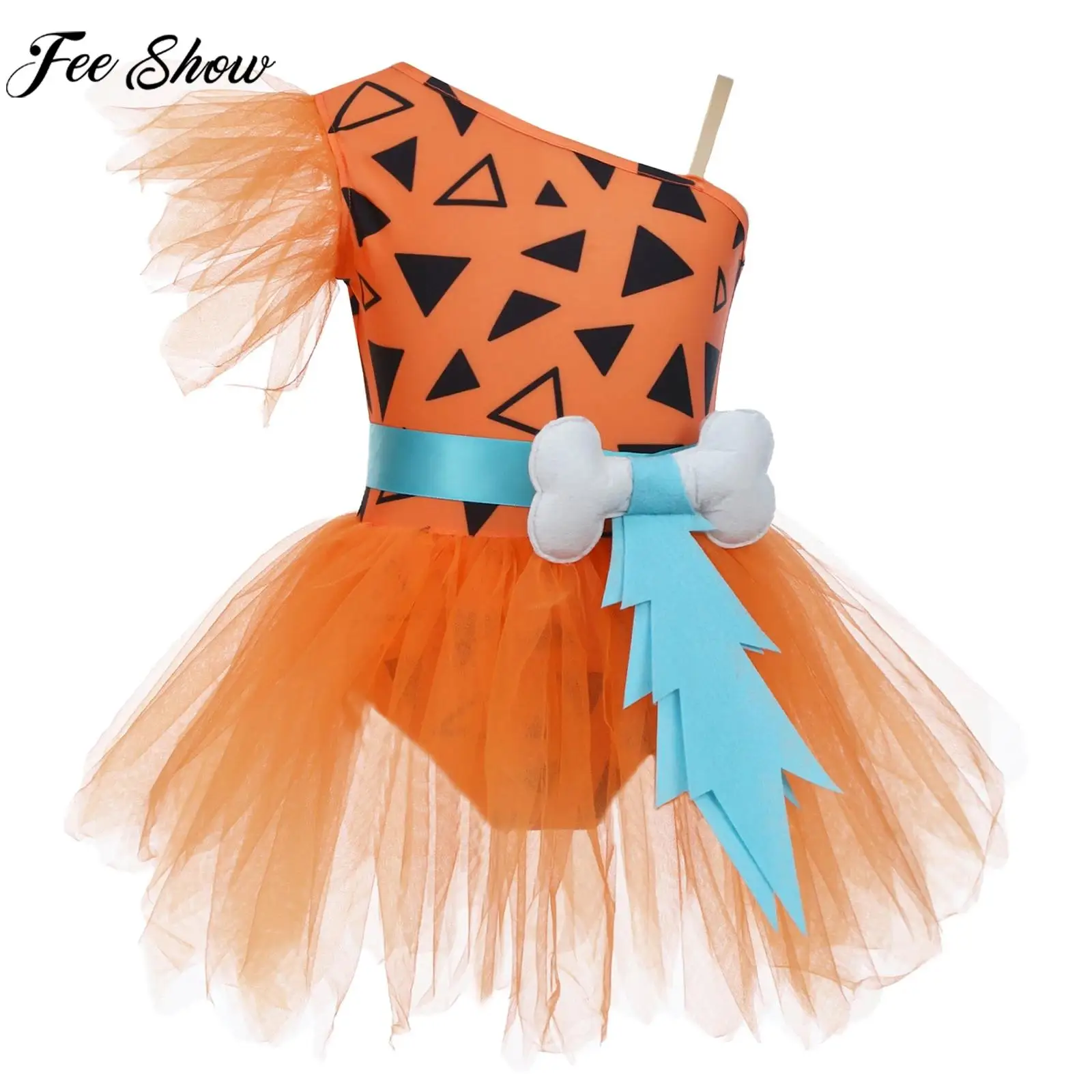 Kids Girls Caveman Dress Halloween Cavegirl Flintstone Hominid Tribe Cosplay Costumes 3D Bone Decor Mesh Leotard Tutu Ball Gown