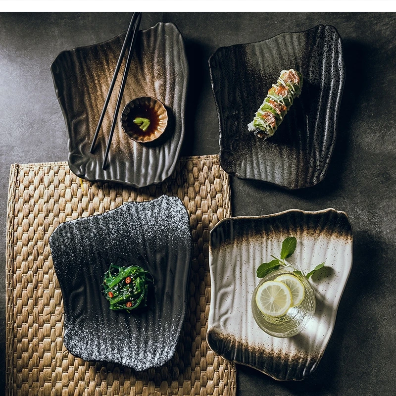 

1 шт., 10-дюймовая керамическая суши в японском стиле, нерегулярная плоская черная домашняя тарелка