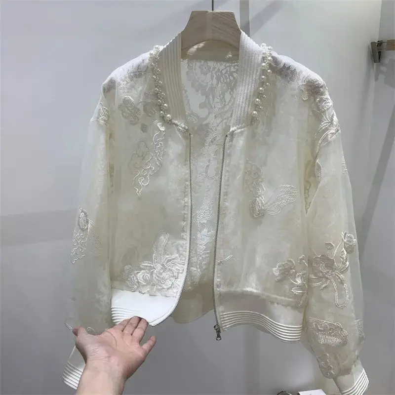  Summer Clothes New Chinese Style High-End Nail Bead Embroidery Sun Protection Jacket Round Neck Design Baseball Jacket TopWhit