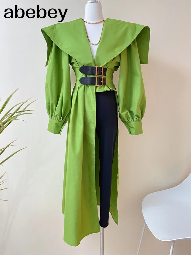 

Green Shirt For Women Lapel Long Sleeve Asymmetrical Hem Button Through Blouse Female Fashion Clothing Style New