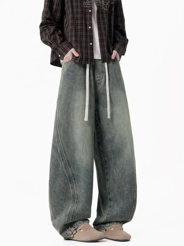 

TANGZ Studio Spring Trendy Brand American Straight Leg Loose Waed Wide Leg Jeans Knife Pattern Casual Straight Fit
