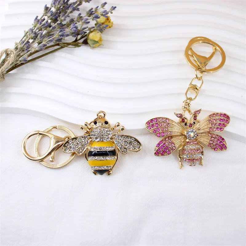 Creative Rhinestone Bee Keychain And Cute Red Ladybug Insect Pendant Keyring For Women Handbag Charm Jewelry