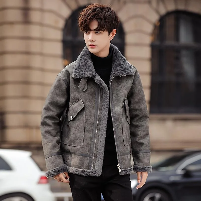 

Мужская утепленная куртка из овчины и замши в корейском стиле, модная, теплая, повседневная, с прямым подолом