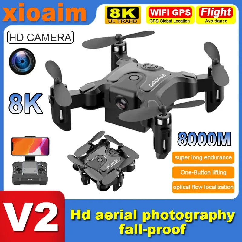 For Xiaomi Mini V2 Folding Drone with Camera 5G 8K 4K 1080P HD UAV WiFi Fpv Height Hold Foldable RC Quadcopter Drone Kids Toys