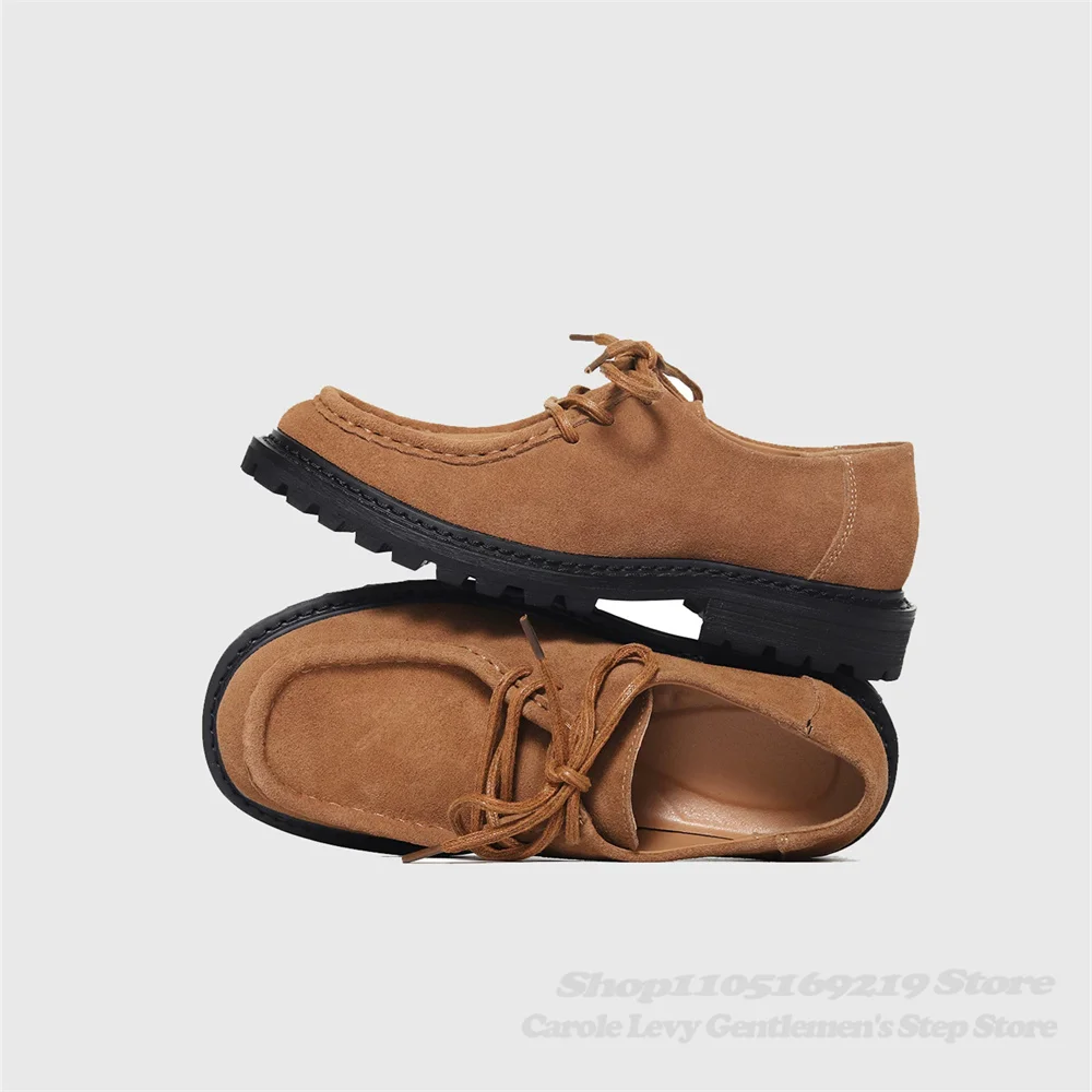 Vintage Style Cowhide Suede Shoes for Men Thick Soled Lace Up Solid Color Height Increasing Square Toe Derby Leather Shoes