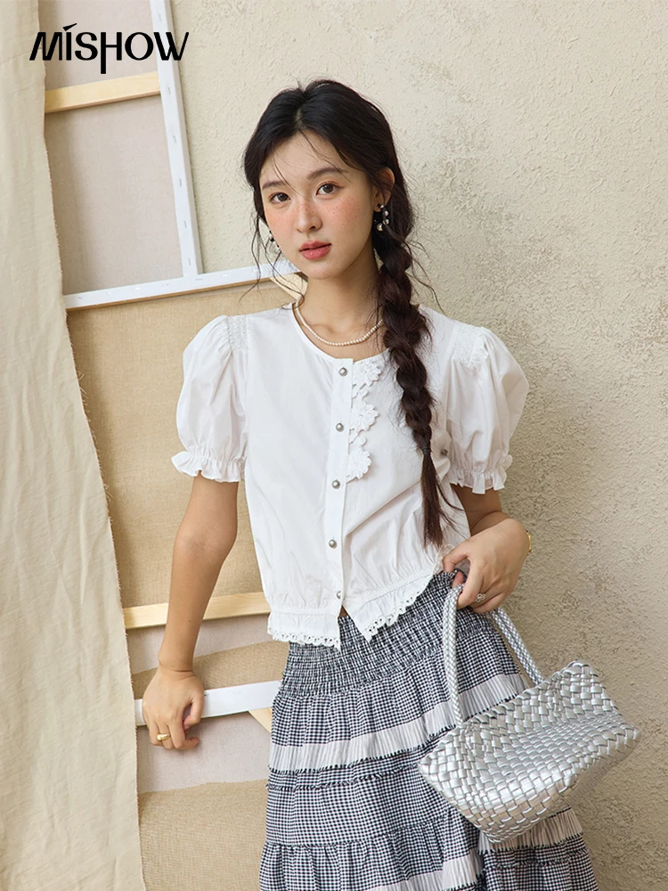 

MISHOW Sweet Lace Pufff Sleeve Shirt Summer 2025 Flower Single Breasted Buttons Short Shirts Hem Elastic Waist Tops MXE34X1820