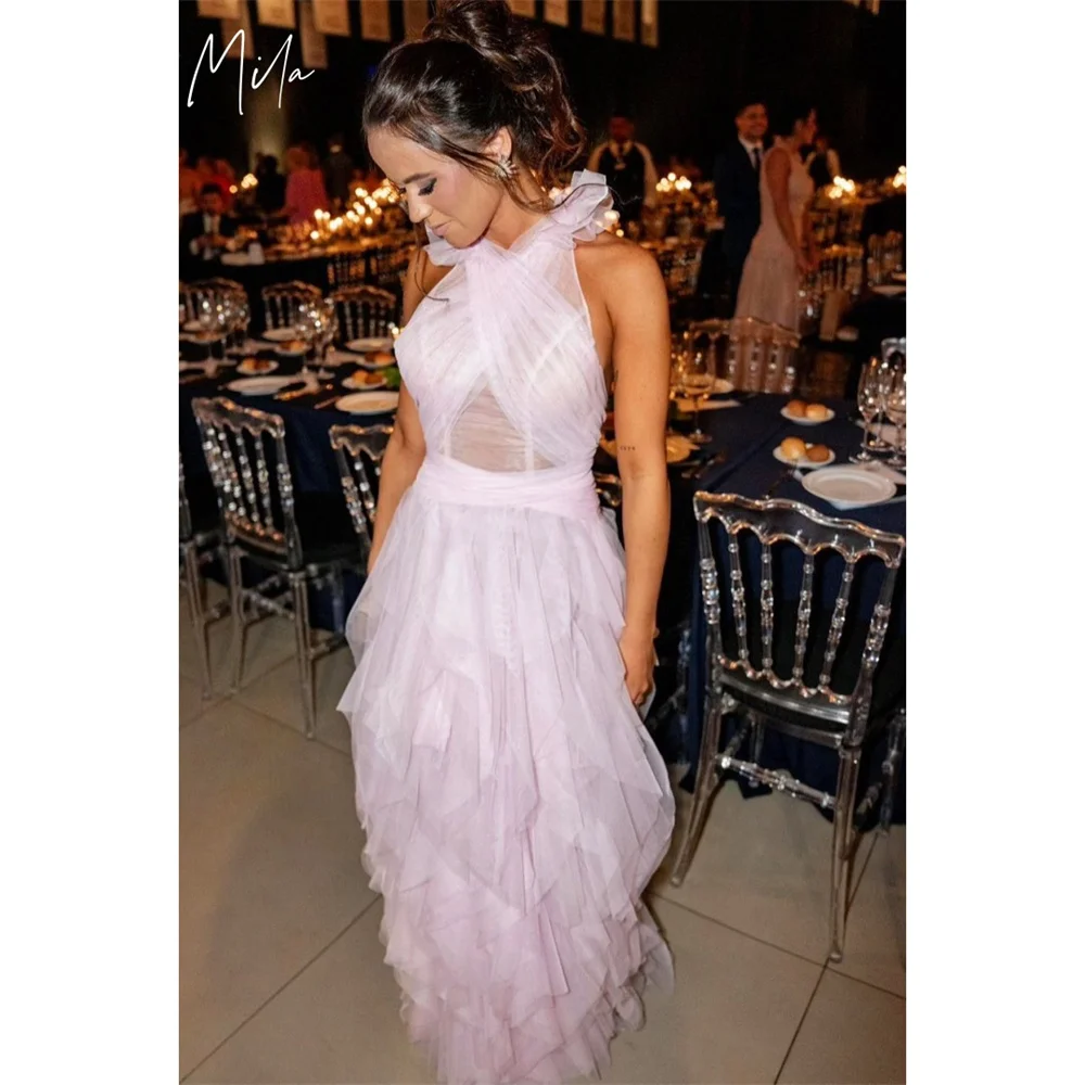 

Mila Pink Halter Neck Wedding Party Dress Customized Sleeveless Backless Evening Dresses Cascading Ruffle vestidos de fiesta