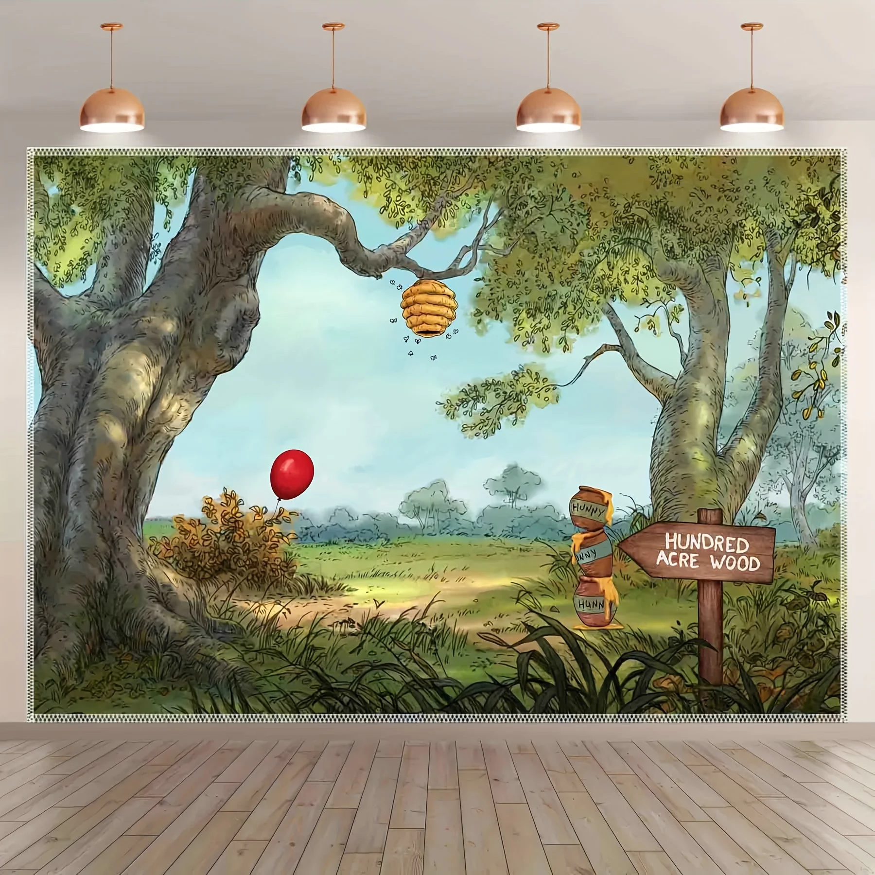 Winnie the Pooh Hundred Acre Wood Tapestry Red Balloon Honey Pot Cartoon Backdrop Kids Party Photo Booth Decoration Flat 2D