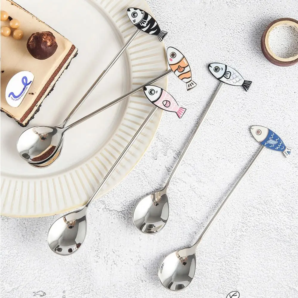 Cute Creative Cat Fish Stainless Steel Spoon Ice Cream Dessert Teaspoon Japanese Korean Style Cake Scoop