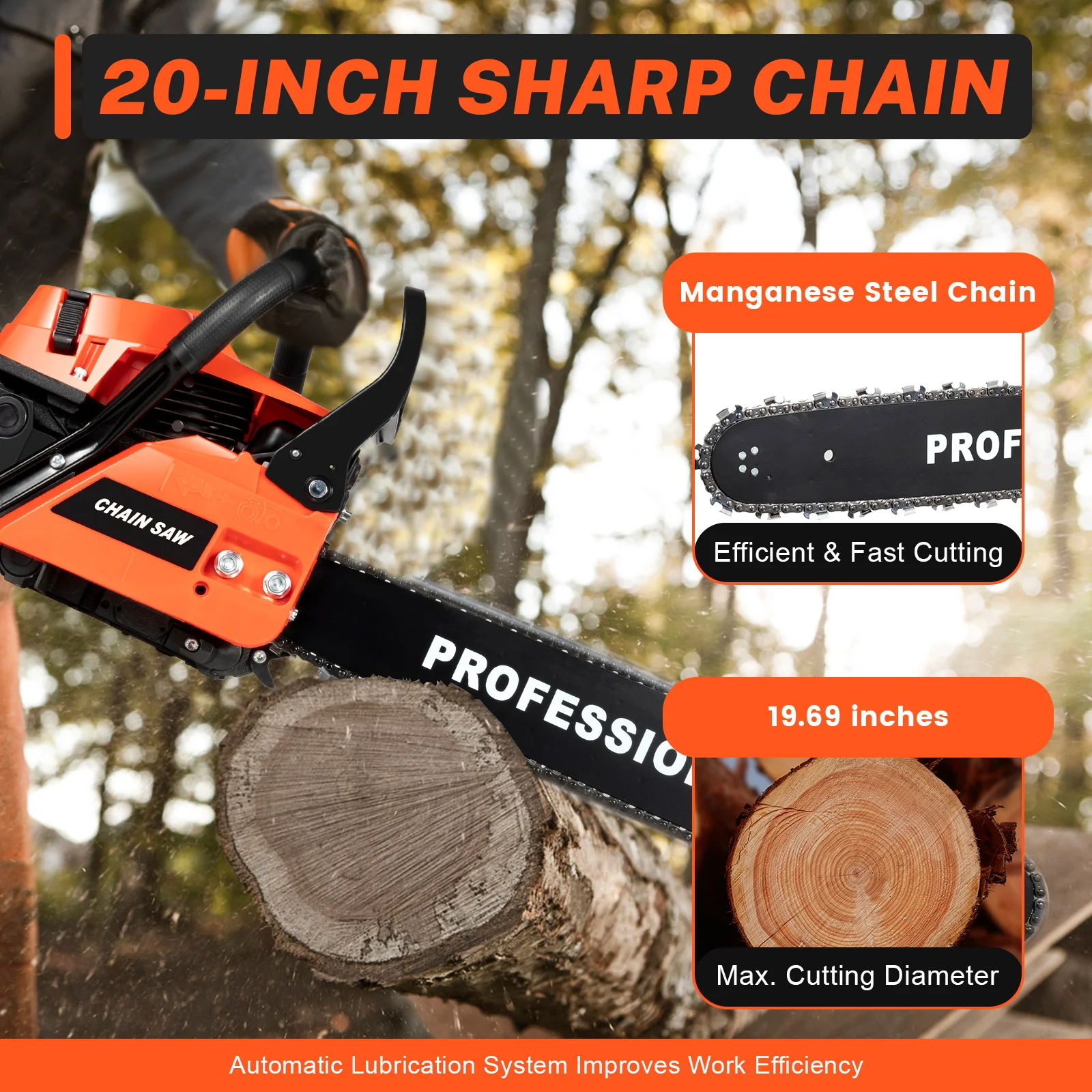 

58CC 20-Inch Gasoline Chainsaw, 2-Stroke Single Cylinder Gas Chainsaw, Handheld Gas Powered Cordless Chainsaw for Wood Cutting