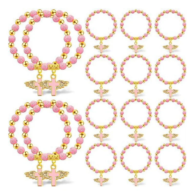 ABGI-60Pcs Rosario de ala de Ángel pulseras de rosario pulseras de cuentas de bautismo para mujeres niñas niños favores de bautismo comunión