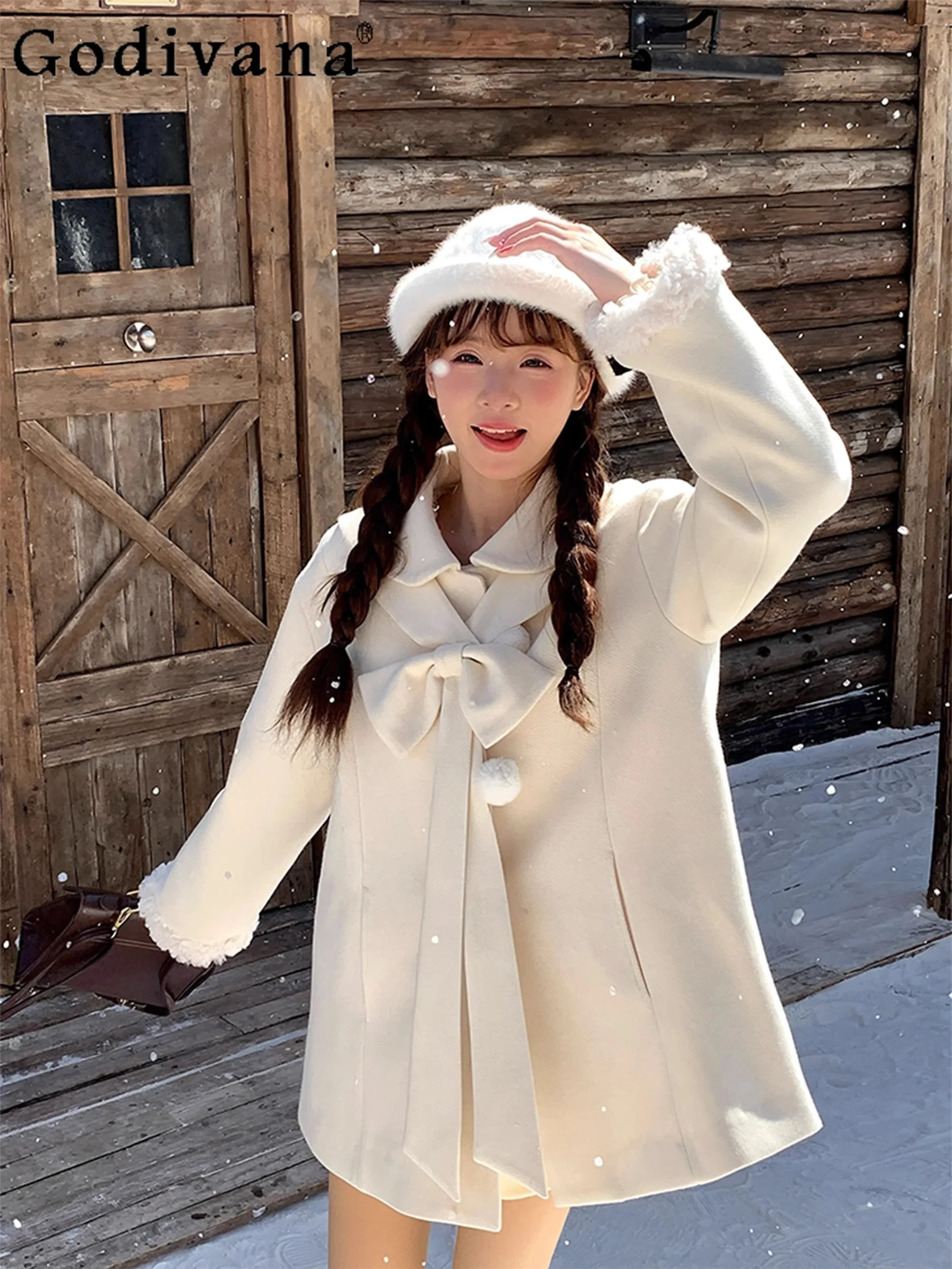 2024 Autumn and Winter New Bow Lolita Woolen Coat Jackets for Women Girls Sweet Elegant Fashion Loose Mid-length A-Line Overcoat