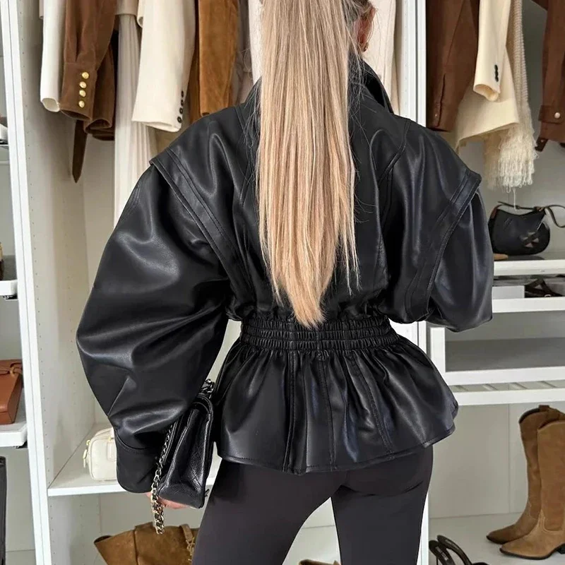 가을 겨울 여성용 PU 인조 가죽 재킷 패션 라펠 레이스업 탑 가디건 하이 스트리트 솔리드 캐주얼 코트 아우터웨어