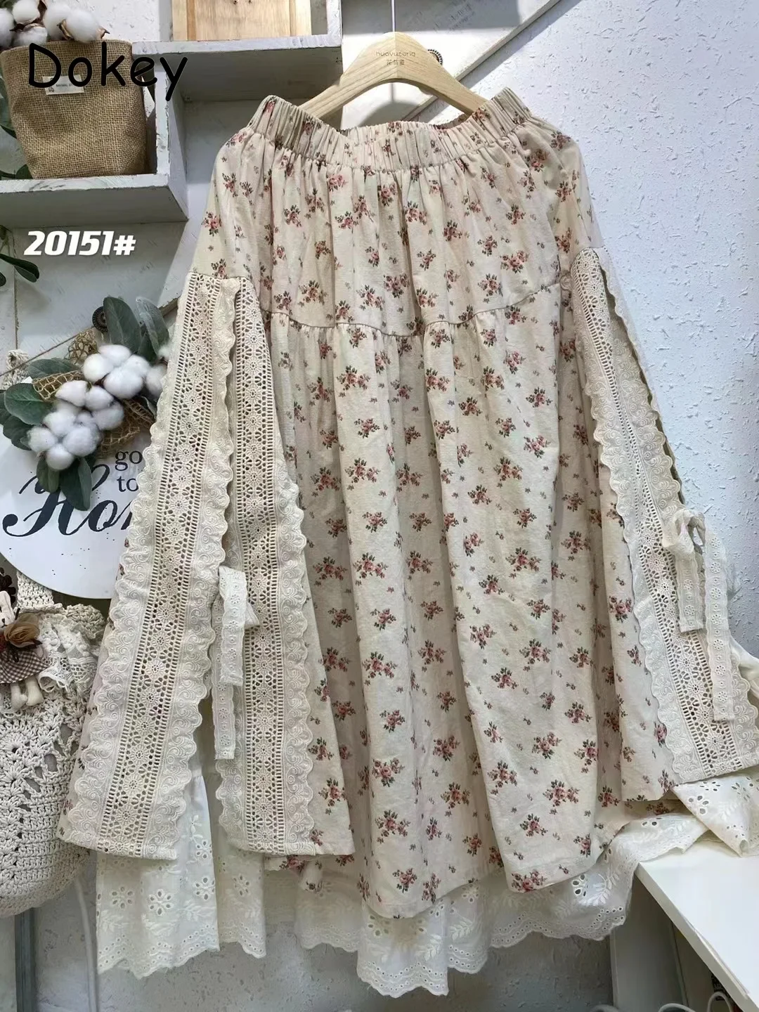 Gonna in lino di cotone Patchwork di pizzo ricamo Vintage da donna, stampa artistica, gonna lunga Casual a-line, allentata Kawaii Lolita, pieghettata