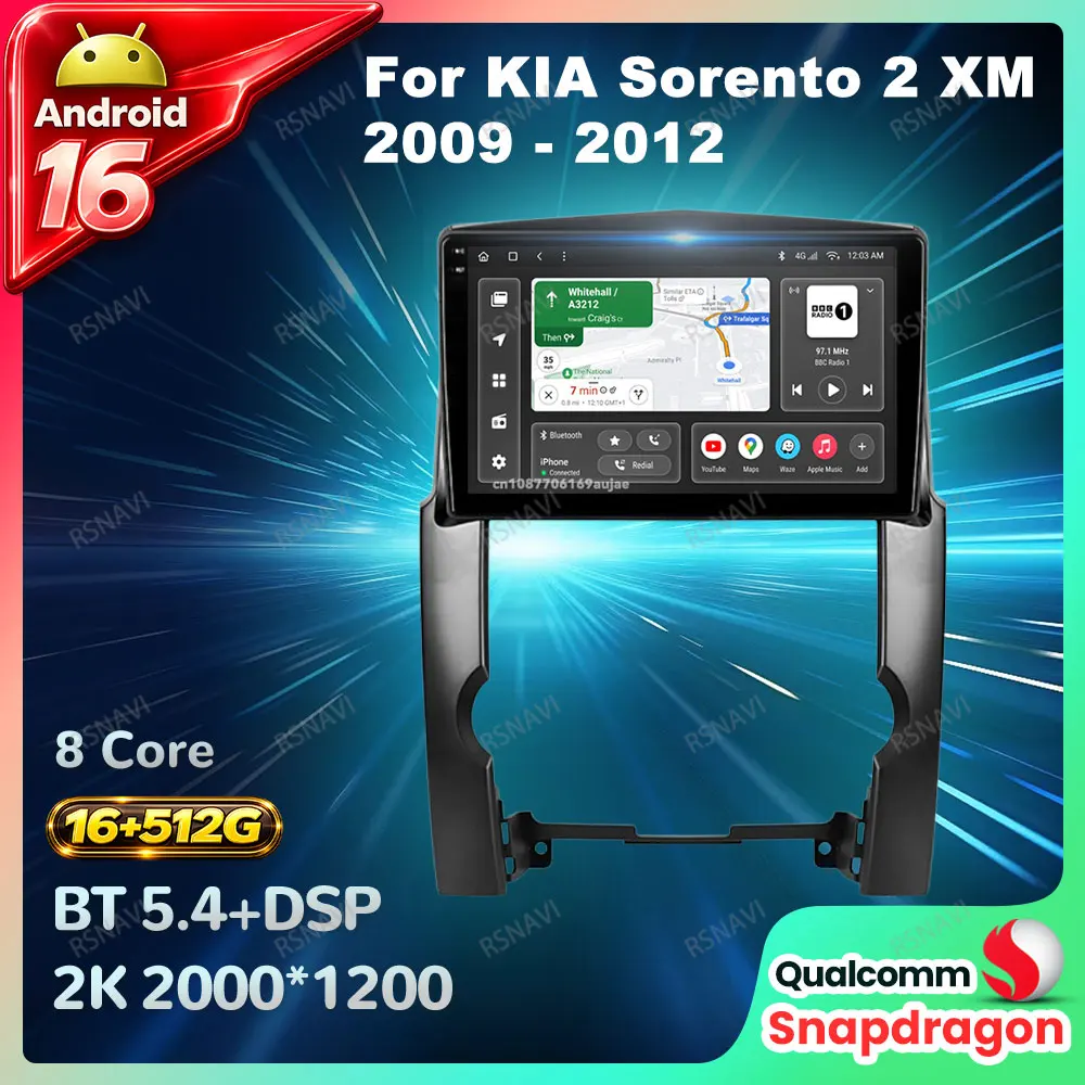 Radio para Auto Android 16 para KIA Sorento 2 XM 2009 - 2012, Navegación Multimedia DSP DVD Estéreo 4G LTE, Unidad Principal GPS, Autoradio QLED