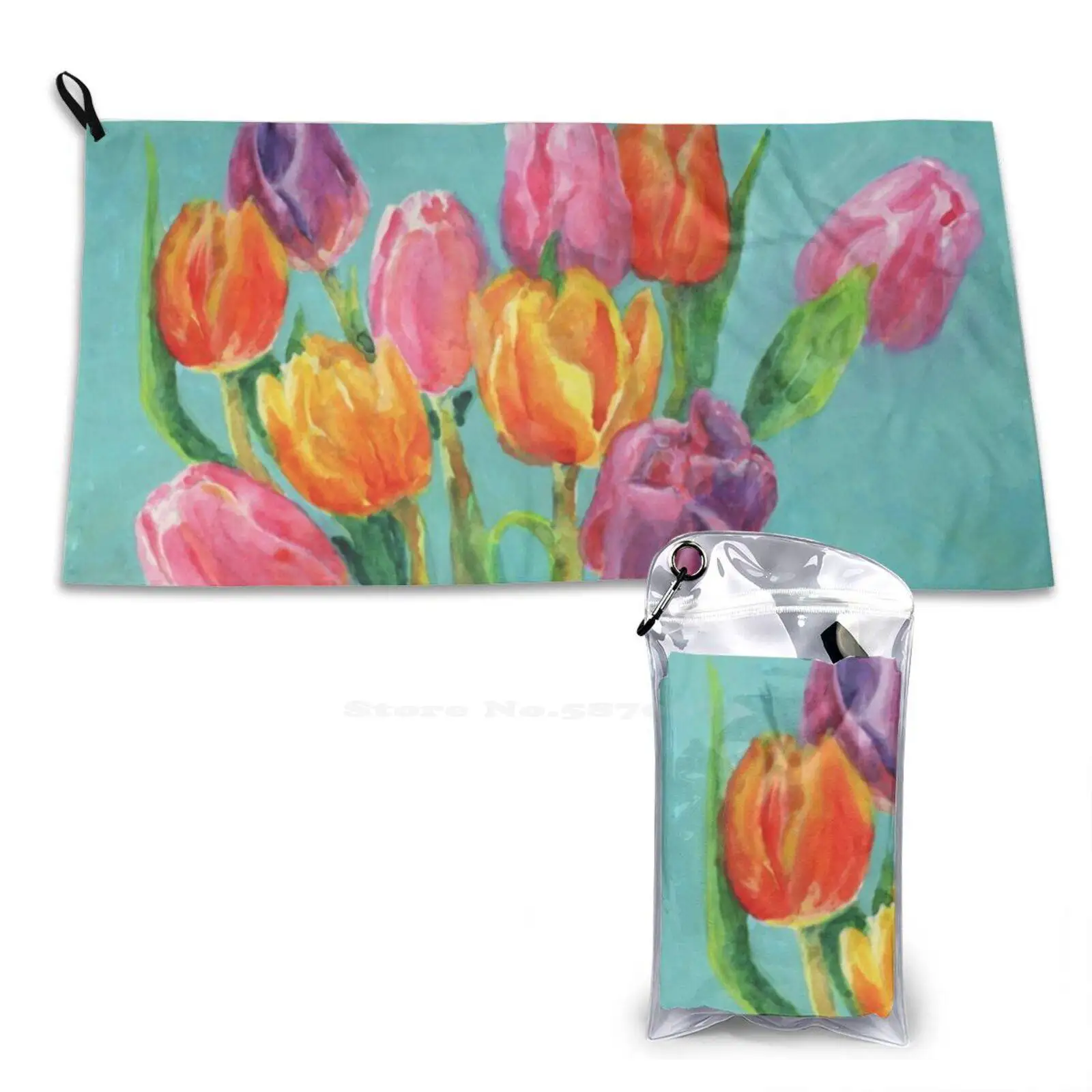 Tulip Bouquet Watercolor Painting Soft Comfortable Bath Towel Outdoor Tulips Floral Flowers Watercolor Bouquet Spring