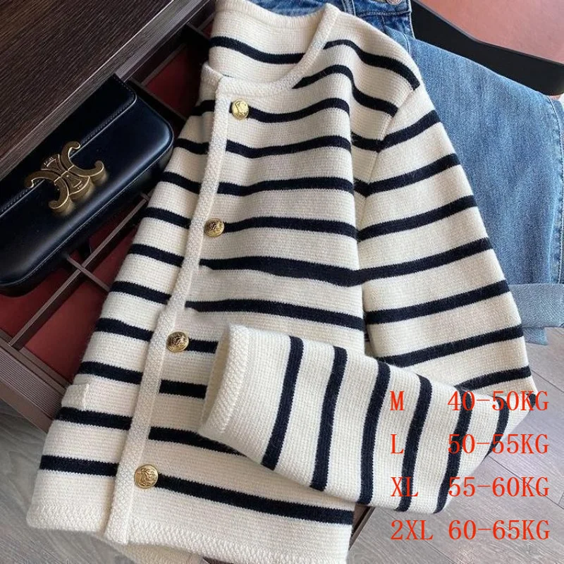 Korean Fashion Sweater Women Cardigans White Black Striped Knitted Female Winter Short Sweater Single-breasted Women Clothes