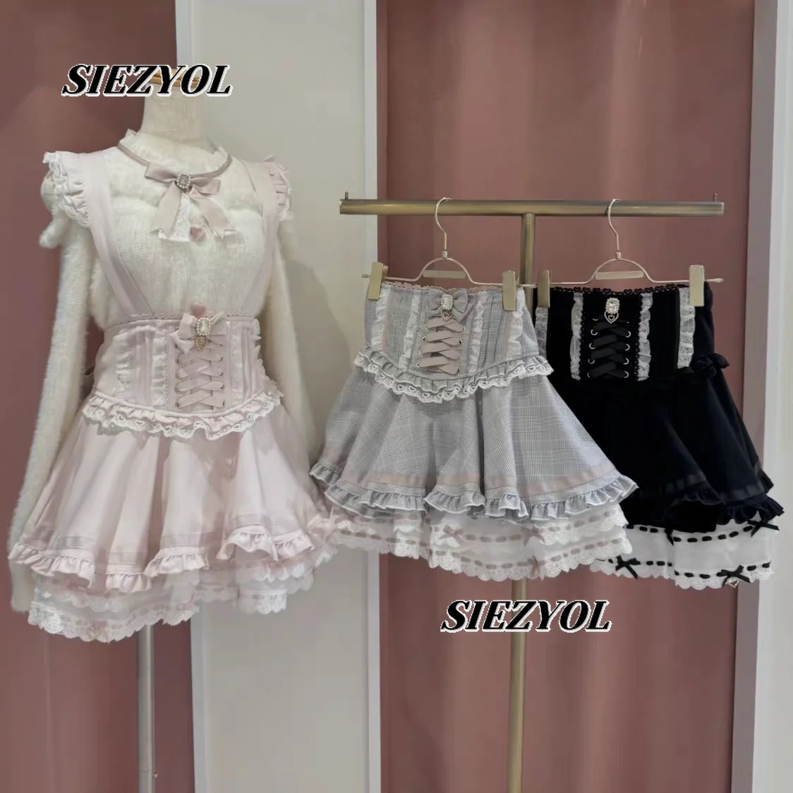 Lolita Strap Mini Skirt Japanese Sweet Kawaii Cute Girl High Waist Bow Lace Short Skirt Layer Cake Detachable Suspender Skirts