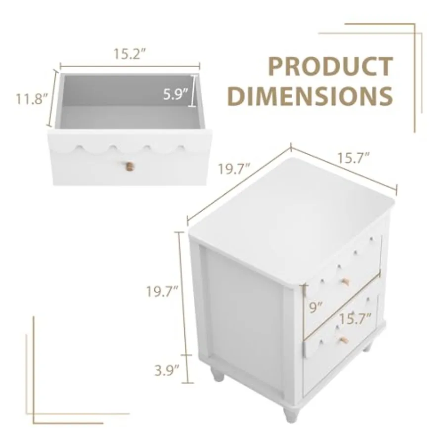 Nightstand Side End Table with 2 Drawers, Modern Wood Night Stand with Petal Pattern for Bedroom, Scalloped Bedside Night Table
