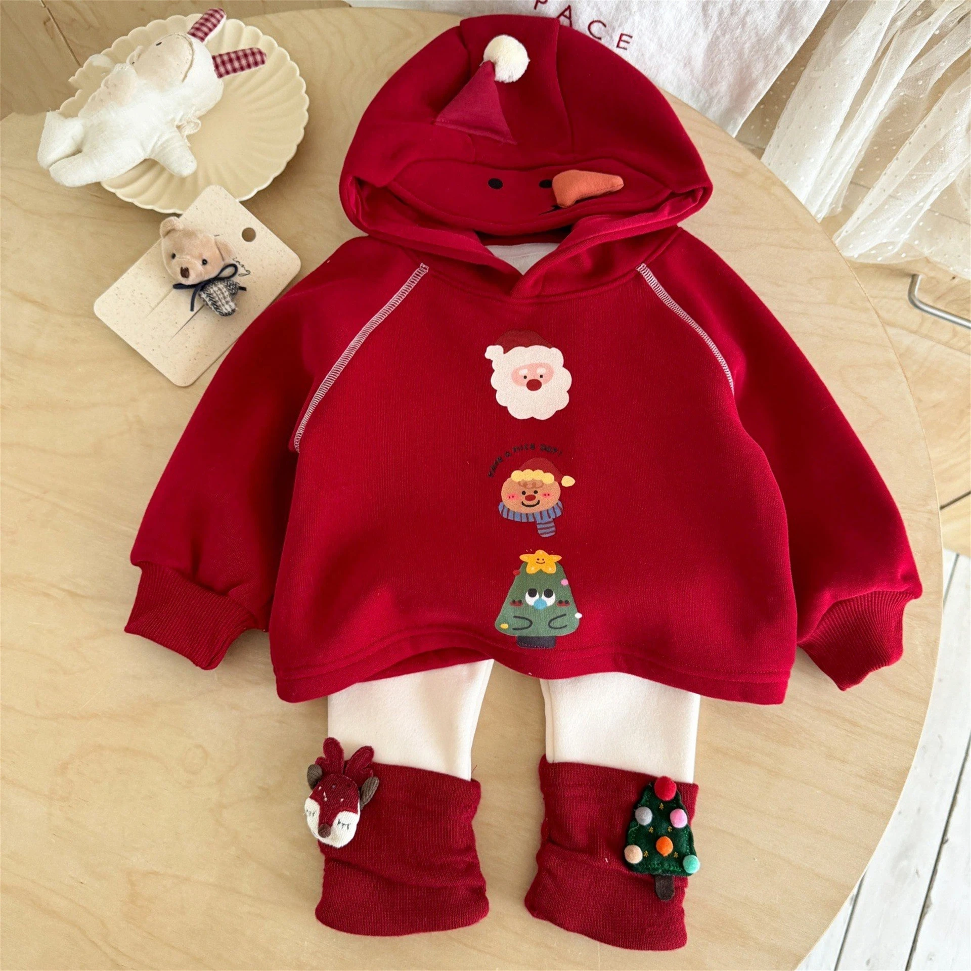 

Christmas Girls Thick Hooded Sweatshirt Set Winter Fleece Lined Festive Boys and Girl Tops And Jackets