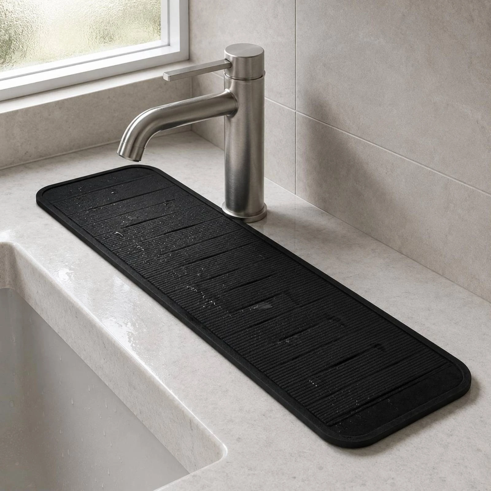 

Faucet Splash Mat Long-Strip Behind Faucet Mat Sink Splash Pad Rounded Corners Home Organizer Textured for Desktop