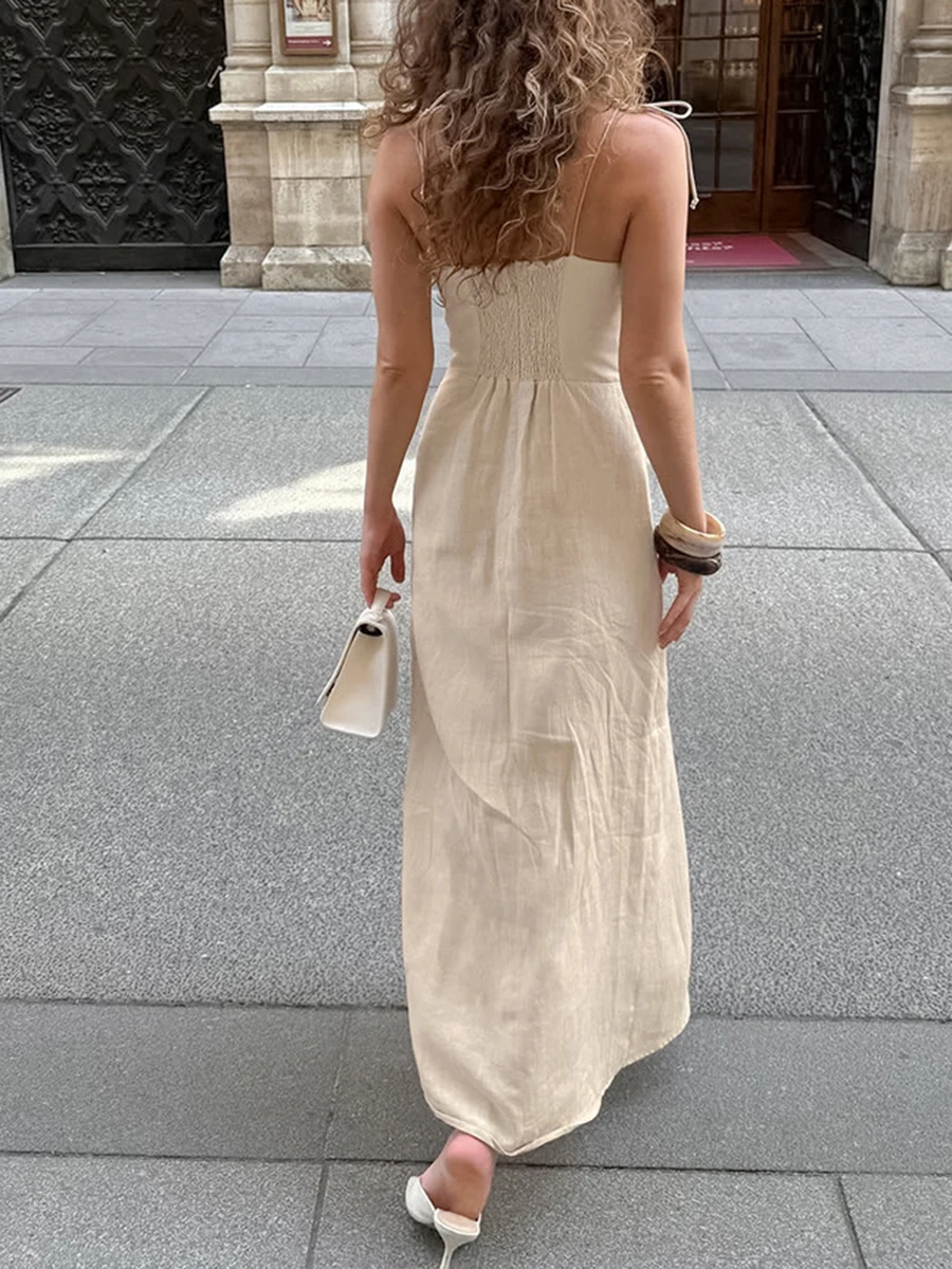 TWOTWINSTYLE Khaki Loose Spliced Folds Dress for Women Square Collar Sleeveless Vacation Casual Dresses Female Summer Fashion