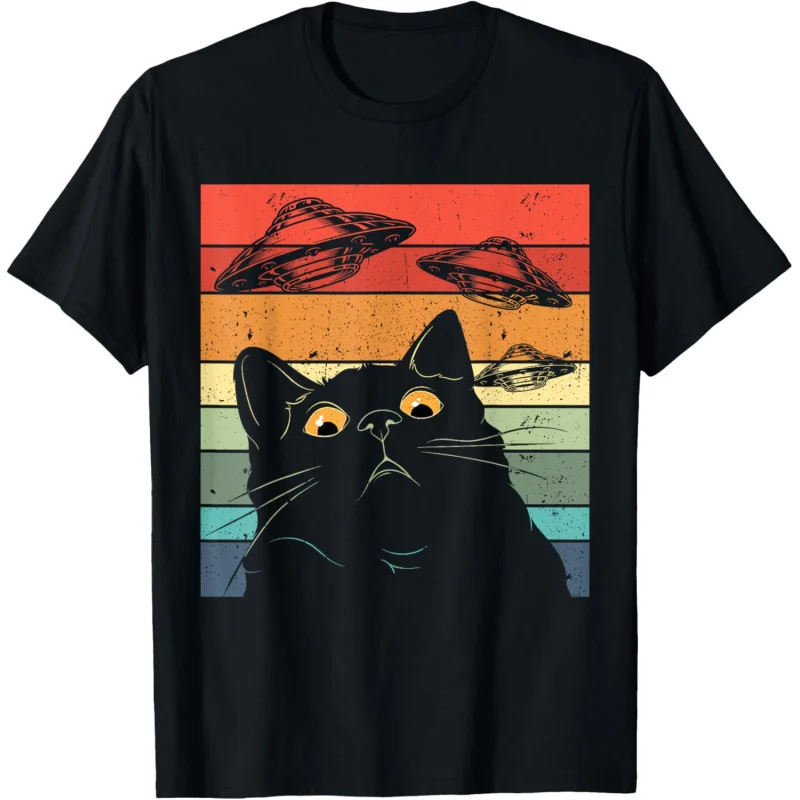 New breathable loose short sleeved Galaxy Cat spacecraft alien black top T-shirt