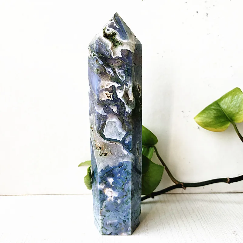 

Big Natural Stone Moss Agate Crystal Tower Feng Shui Wand Point Home Room Decoration Hexagonal Prisms Chakra Healing Crystals