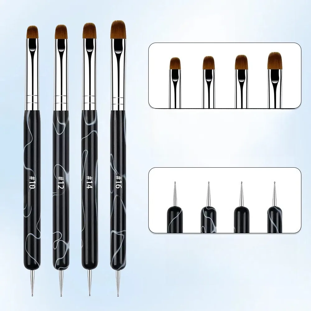 4PCS Dual Ended UV Gel Nail Brushes Set Two Way Poly Gel Builder Brush with Dotting Tool for Nail Extension Manicure DIY
