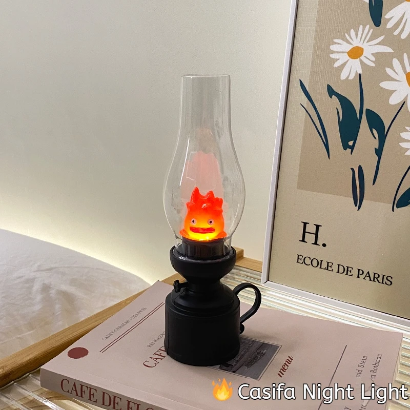 Retro Calcifer Flameless Night Light  Desk Light Decorative Candle Light Cartoon Anime Kerosene Lamp Bedroom Bedside Table Lamp