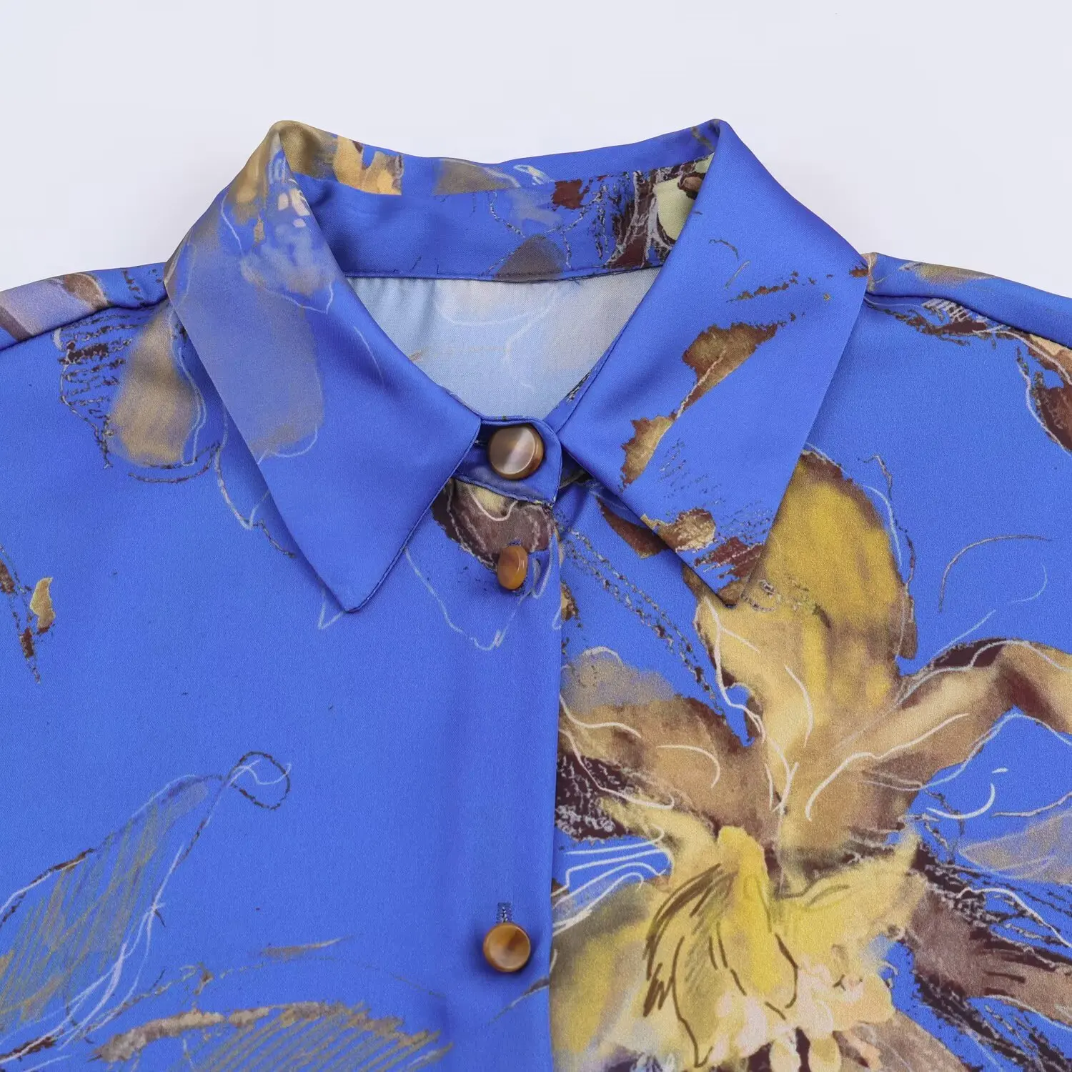 2025 New Women's Casual Shirt Floral Print Silk Satin Texture Shirt Floral Print Loose Fit Blue Long Sleeve Shirt Silk Texture P