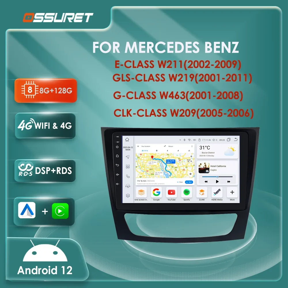 รถวิทยุ Android 12 สําหรับ Mercedes benz G E GL CLK W211 W219 W463 W209 GLS350 E280 E320 E350 เครื่องเล่นมัลติมีเดีย GPS สเตอริโอหน้าจอ