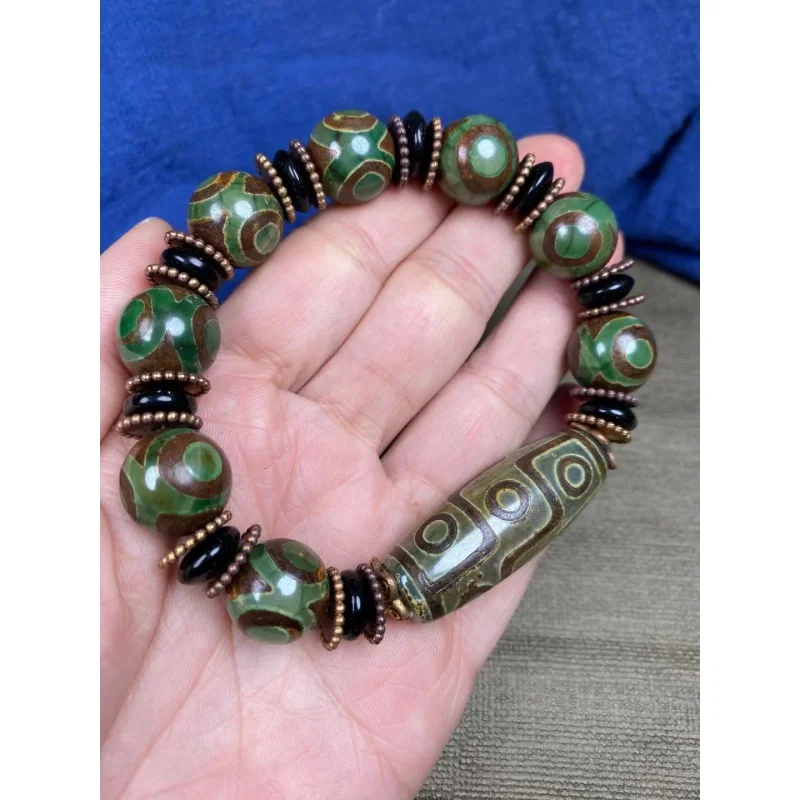 Boutique Green Agate Three-Eye Matching Dzi Bead Bracelet Retro Ethnic Style Collectables-Autograph Rosary Barrel Shaped Bead Br