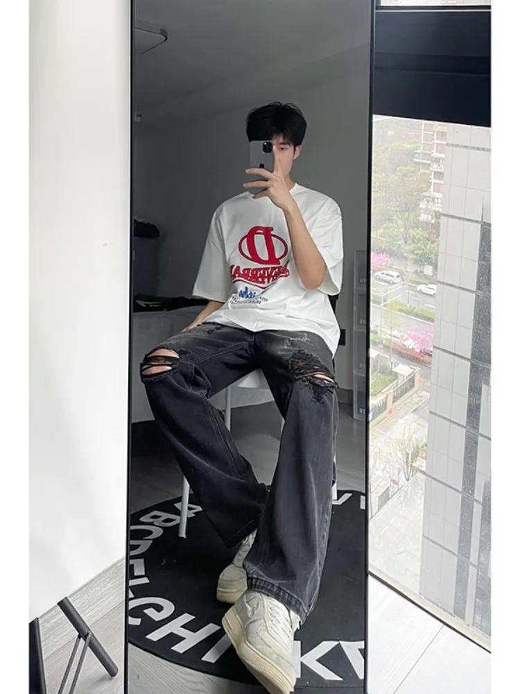 

Модные мужские рваные джинсы свободного прямого кроя в американском ретро-стиле для работы и повседневной носки, весна-осень, длинные брюки