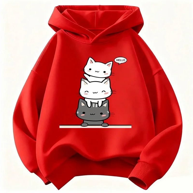Cat Hoodie Cute Kawaii Stacked Cats Hello Cartoon Kids Minimalist Aesthetic  Oversized Casual Sport Sweatshirts