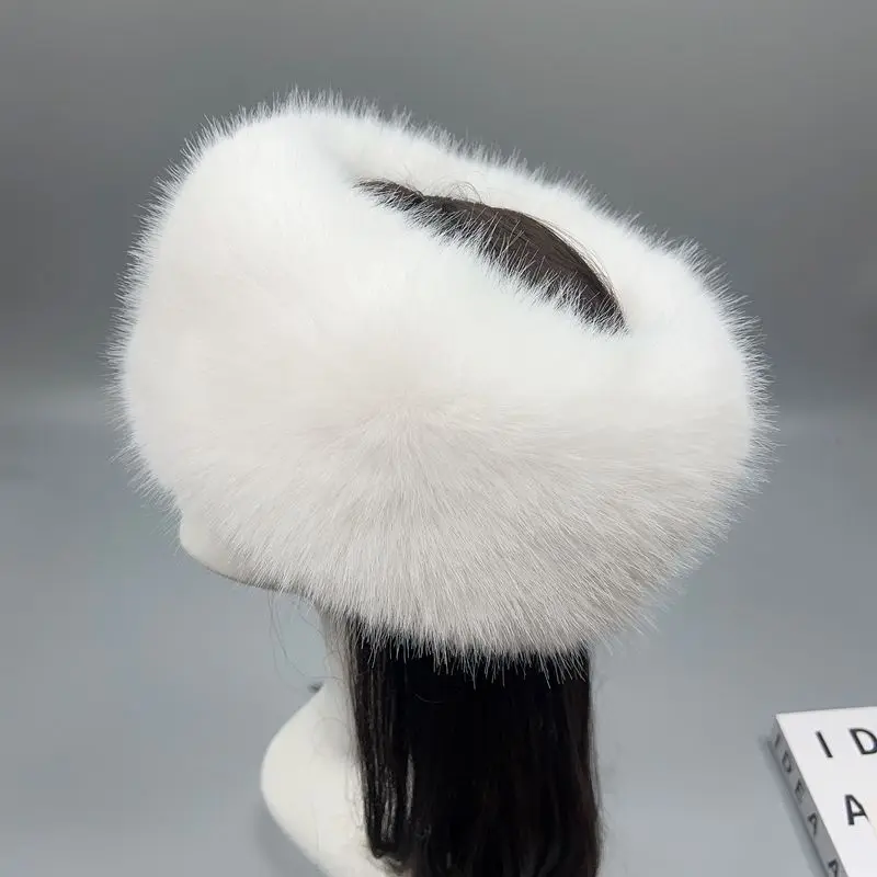 Women's Vintage Open Top Fur Headband Hat Snow Scene Photo Faux Fox Fur Visor Cap EU US