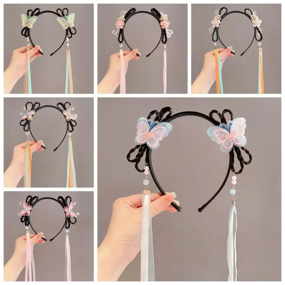 النمط الصيني فراشة الشريط عقال رائعة التطريز الخرز الباروكات شعر مضفر هوب شرابة القوس الفتيات Hanfu أغطية الرأس #5